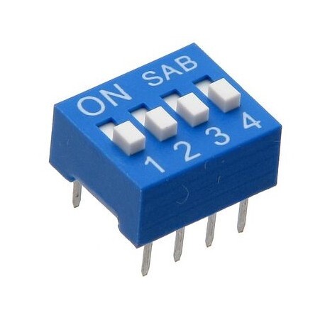 A blue DIP switch block consisting of 4 switches