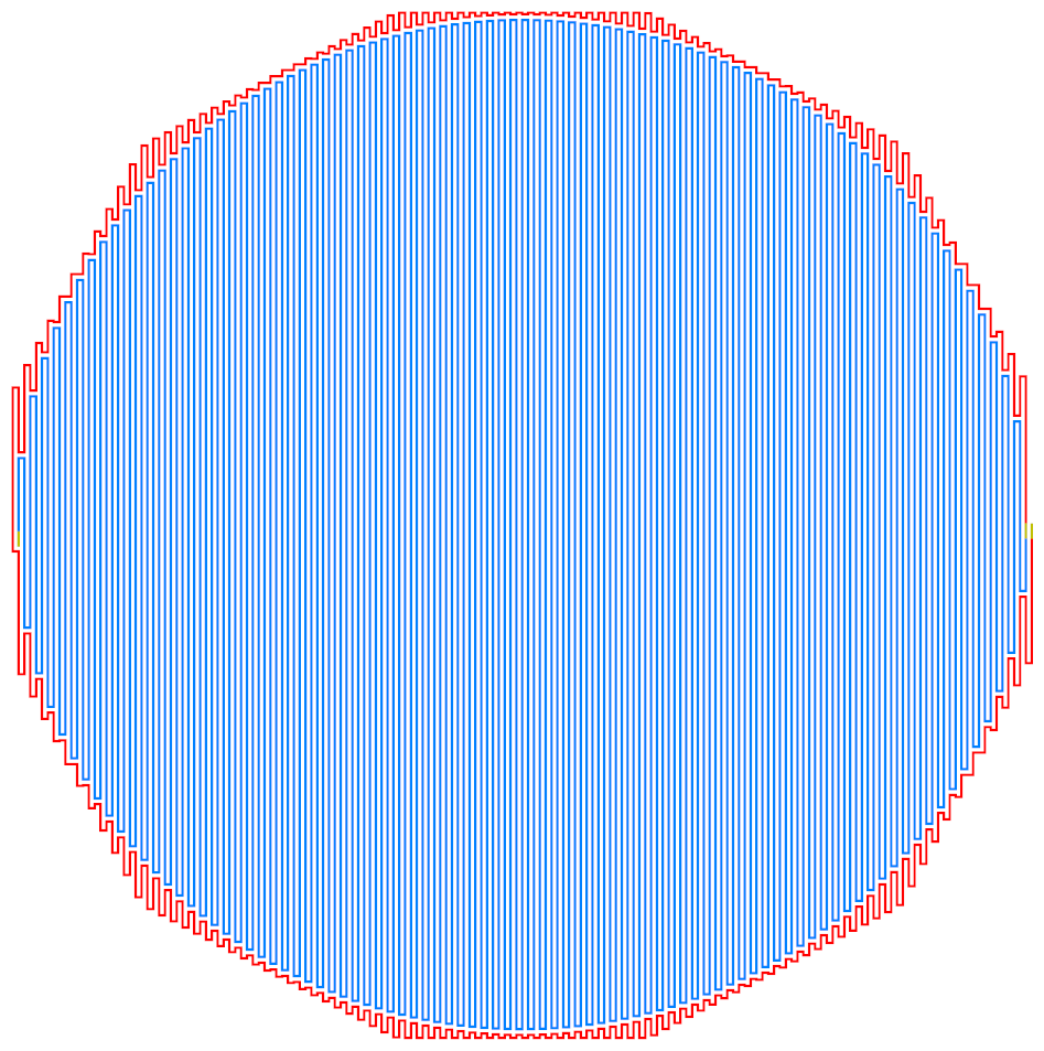 blue line meanders through circle, red line meanders through polygon minus circle