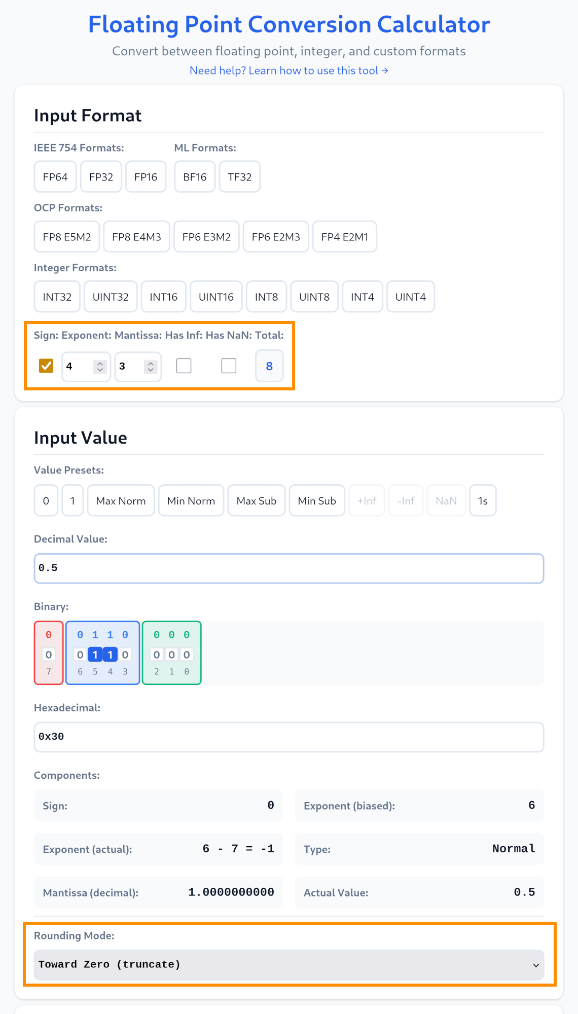 Screenshot of settings for Spencer Williams Floating Point Number Converter