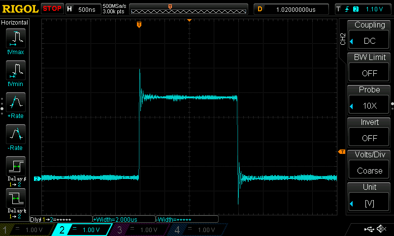 Oscilloscope capture of a single pulse, with width set to 100 clock cycles