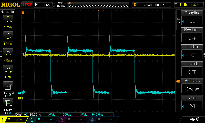 Oscilloscope capture of both trigger signal and pulse output with three pulses, pulse width 50 clock cycles and spacing 32 clock cycles.