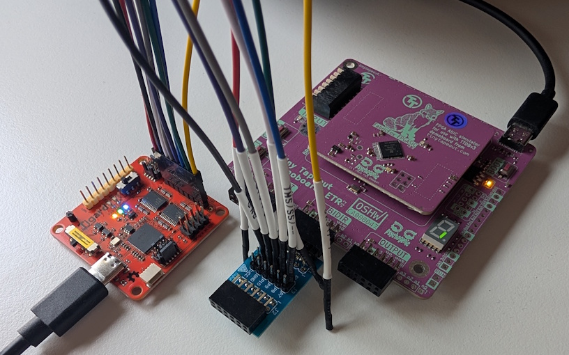 Photo showing the FPGA demo board connected to the Tigard FT2232H breakout board